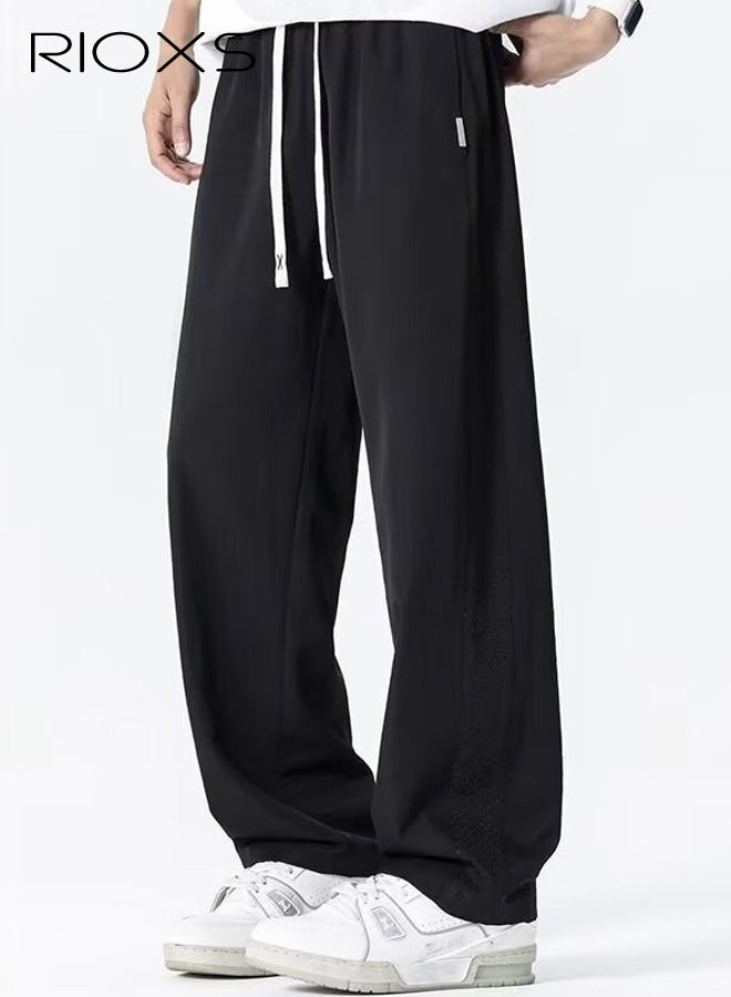 RIOXS Men's Ice-Silk Straight-Leg Pants, Lightweight and Cool Summer Casual Pants with Drawstring, Elastic Waistband, Breathable Mesh Panels, Relaxed Fit, Soft and Stylish Athletic Pants, Versatile for Everyday Casual Wear, Black - Image 3